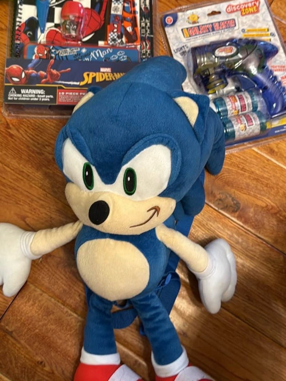 Blue Sonic Plush Backpack , lightup bubblegun and Spider-Man kit!